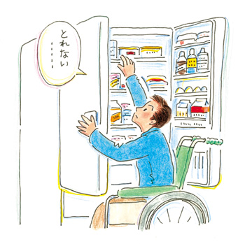 휠체어에 앉은 채로 냉장고의 높은 곳에 있는 물건을 꺼낼 수 없다.