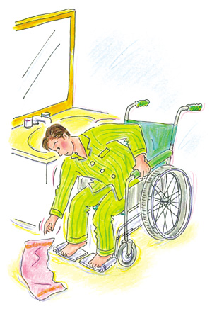 휠체어에 앉은 채로 밑에 떨어진 물건을 줍는 것은 힘들다.